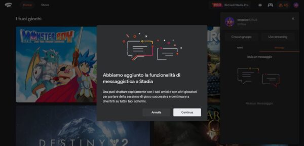 Google Stadia Messaggi