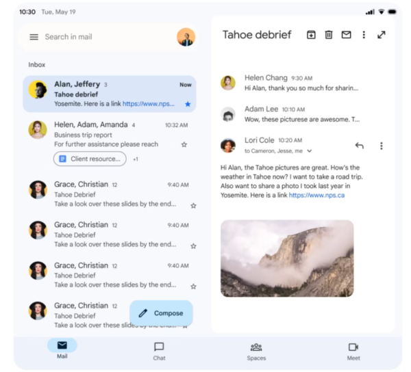 Gmail aggiornamento nuova UI smartphone pieghevoli